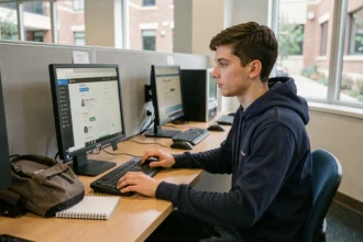 Étudiant en première année naviguant sur l'ENT de son université dans une salle informatique moderne