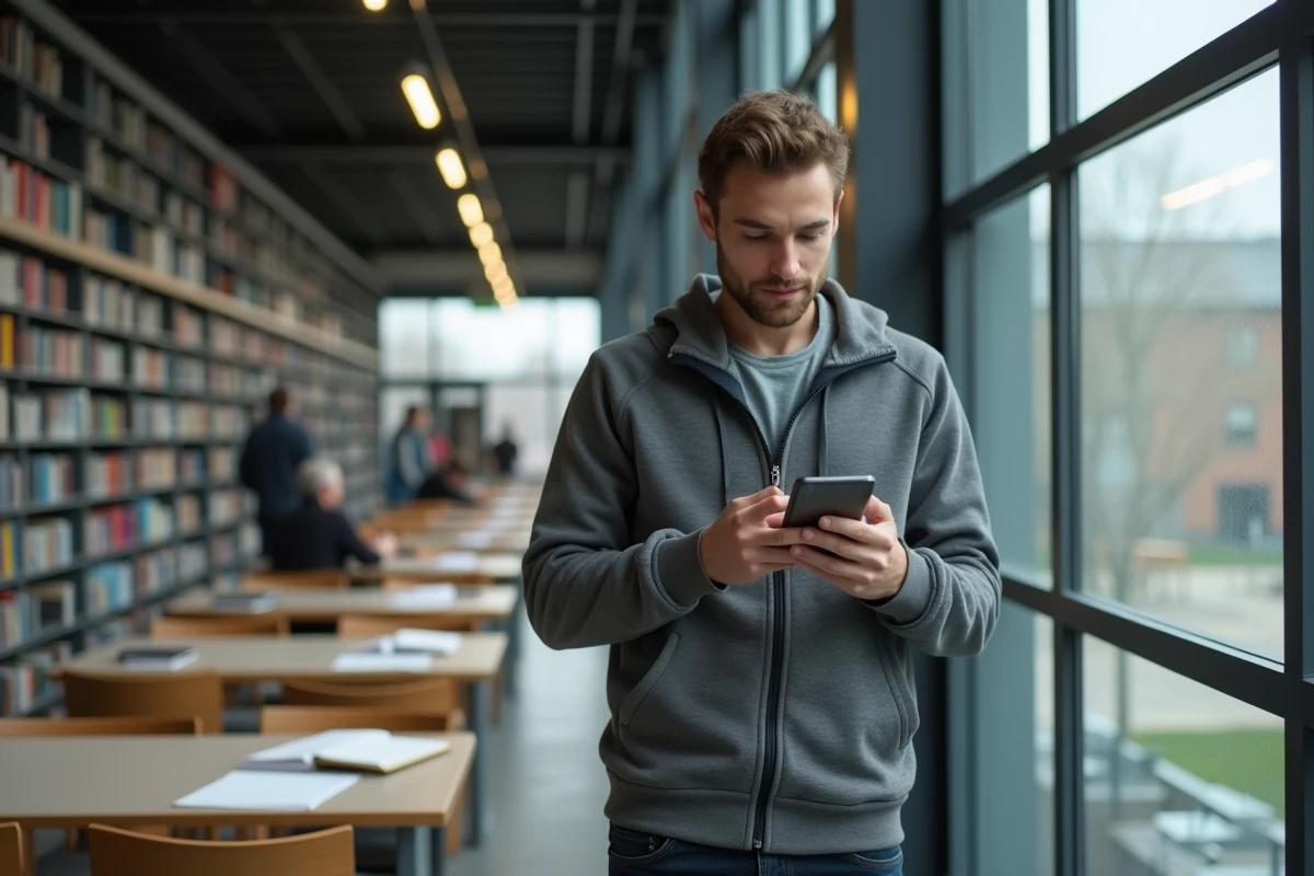 Étudiant vérifiant ses notes d'examen sur son smartphone dans la bibliothèque universitaire