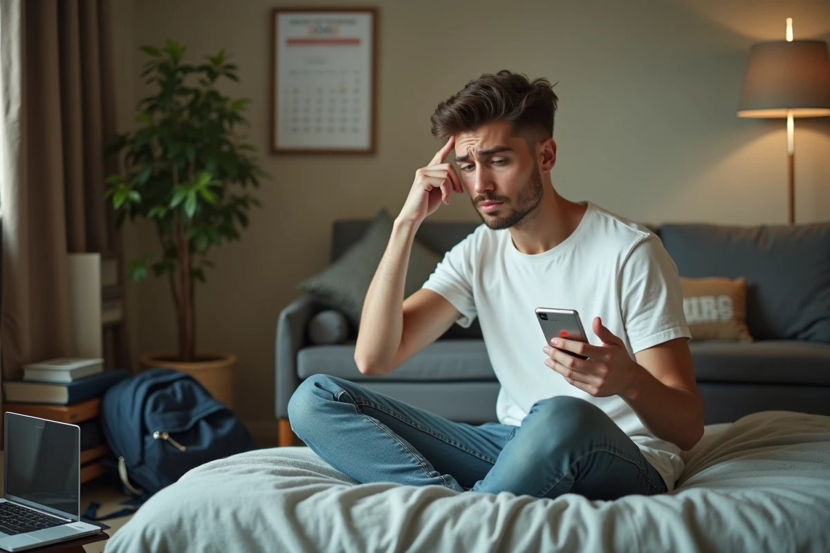 Étudiant frustré consultant son smartphone face à une panne de la plateforme LEO de l'Université Grenoble Alpes pendant un examen