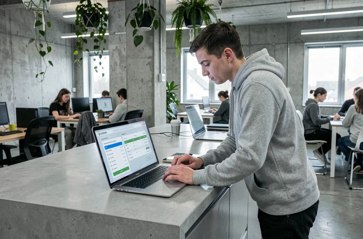Jeune homme comparant les classements SIGEM 2026 sur ordinateur et tablette dans un espace de coworking