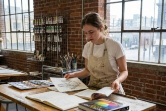 Étudiante en arts appliqués travaillant sur des esquisses dans un atelier universitaire post-bac