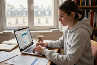 Étudiante remplissant un dossier de candidature en ligne sur Econdidat Paris 8 depuis son appartement parisien