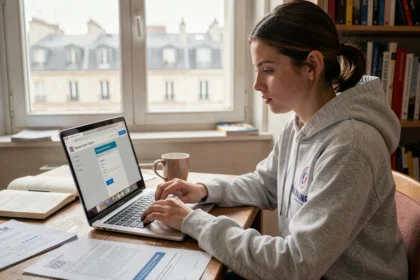Étudiante remplissant un dossier de candidature en ligne sur Econdidat Paris 8 depuis son appartement parisien