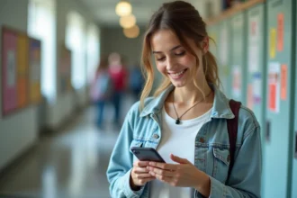 Étudiante tenant sa carte étudiante et son smartphone dans un couloir universitaire, souriant en découvrant ses avantages et réductions