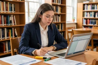 Étudiante consultant le classement SIGEM 2026 sur des documents imprimés à la bibliothèque universitaire
