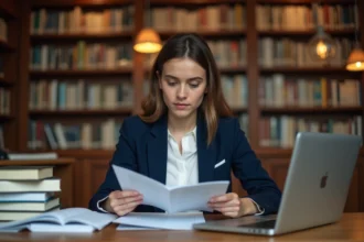 Étudiante en école de commerce comparant des brochures de formations ECE prépa et licence universitaire dans une bibliothèque