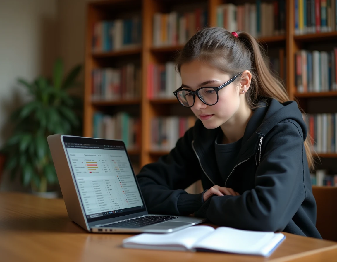 Étudiante analysant les frais de scolarité et programmes de différentes écoles de jeux vidéo sur son ordinateur portable en bibliothèque