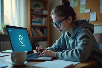 Étudiante stressée devant un ordinateur portable affichant une erreur de connexion lors d'un examen en ligne sur LEO UGA