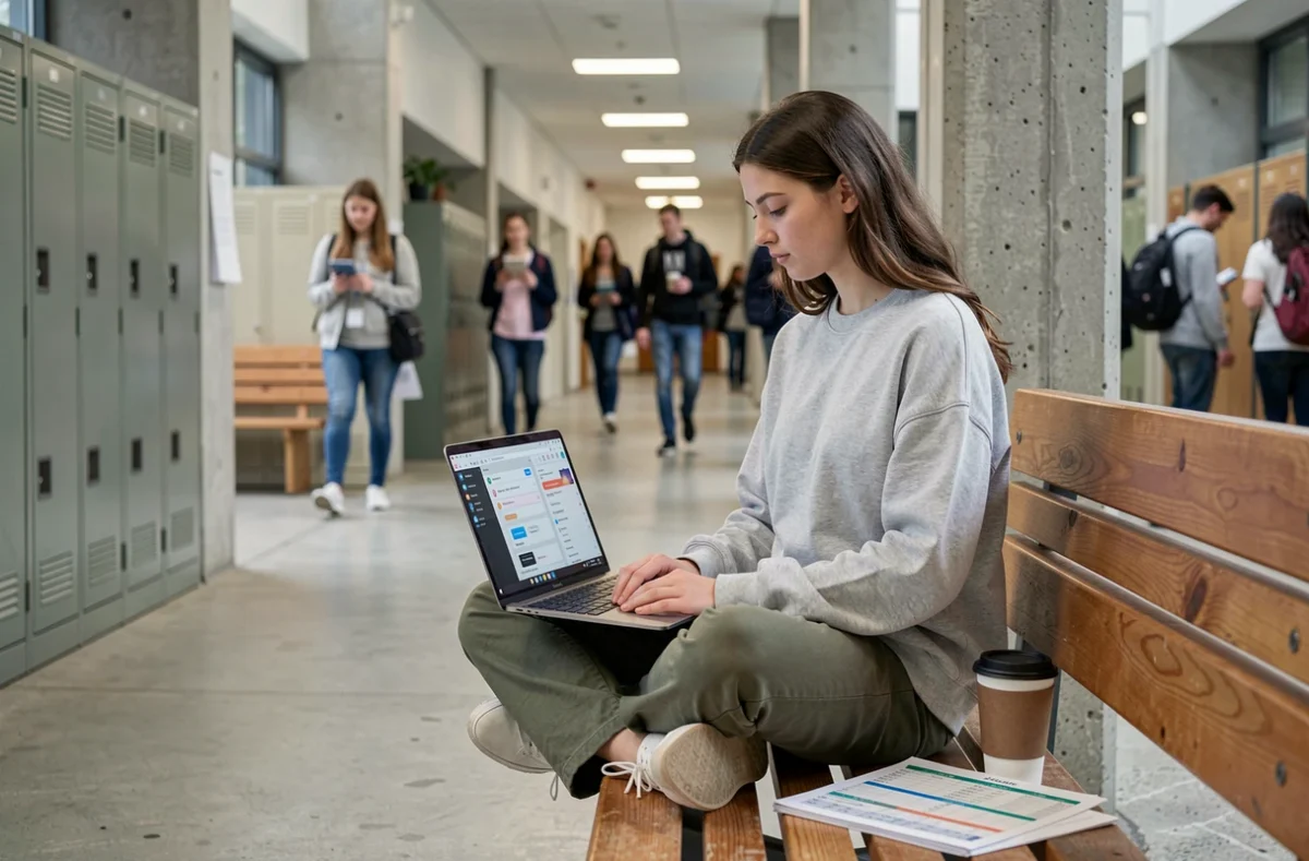 Étudiante consultant l'ENT de l'IUT sur son ordinateur portable dans un couloir universitaire animé