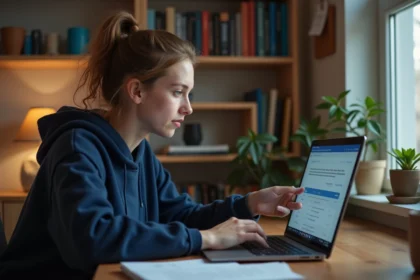 Étudiante consultant ses résultats d'examen sur le portail ENT depuis son bureau à domicile