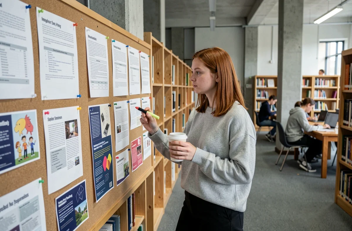 Étudiante en terminale comparant les formations artistiques post-bac sur un tableau d'affichage dans une bibliothèque scolaire