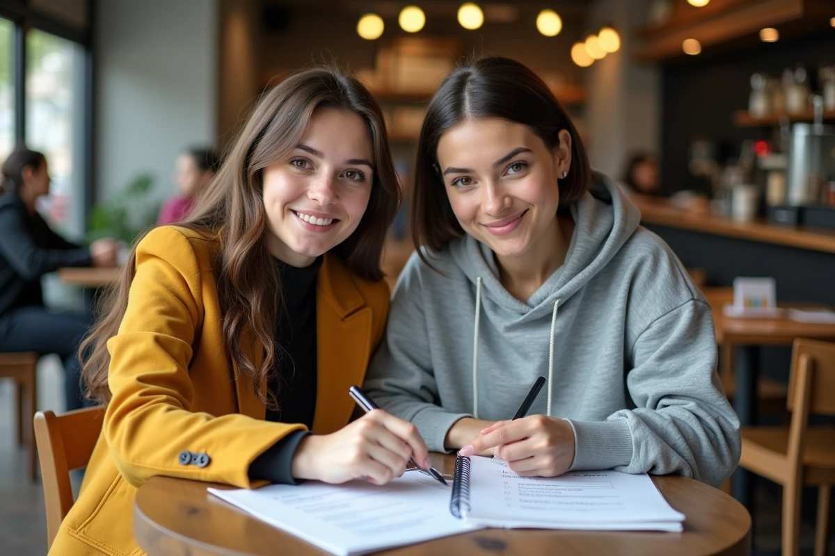 Deux étudiantes travaillant ensemble sur une liste de connecteurs logiques pour la rédaction académique