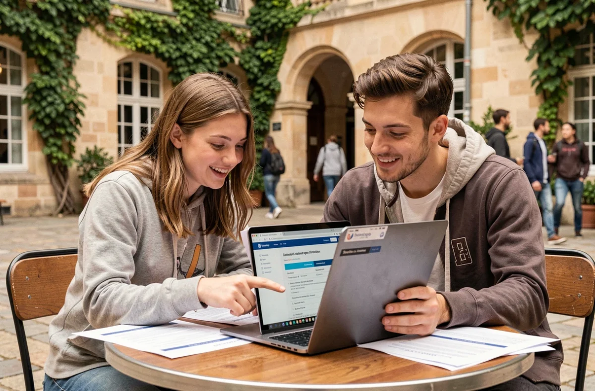 Deux étudiants collaborant sur leur candidature en ligne Econdidat Paris 8 dans une cour de campus parisien