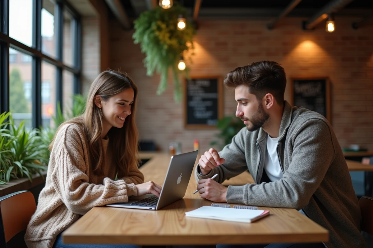Deux étudiants assis dans un café consultant un site de réductions étudiantes sur ordinateur portable pour préparer la rentrée 2026