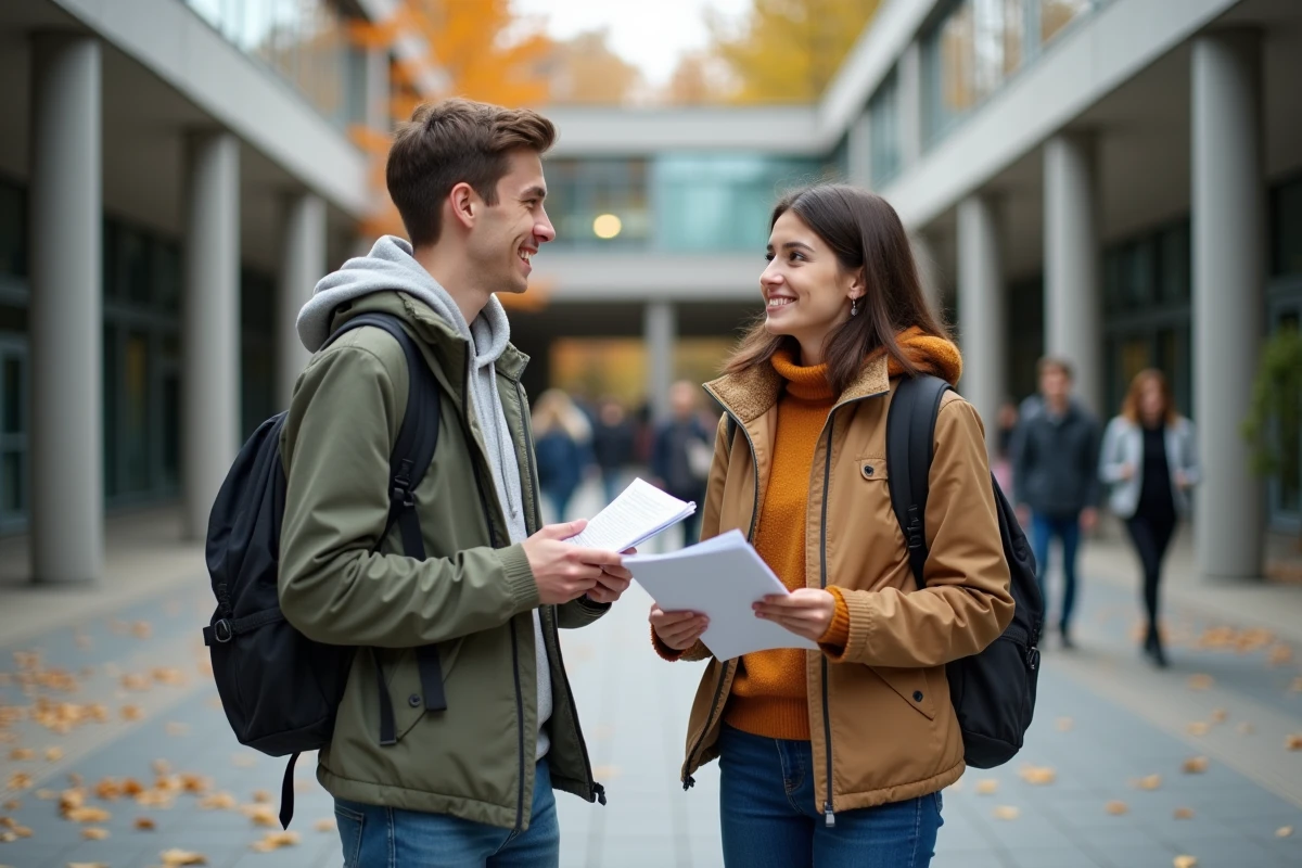 Deux étudiants discutant de leur choix entre prépa ECE et licence universitaire dans une cour de campus moderne