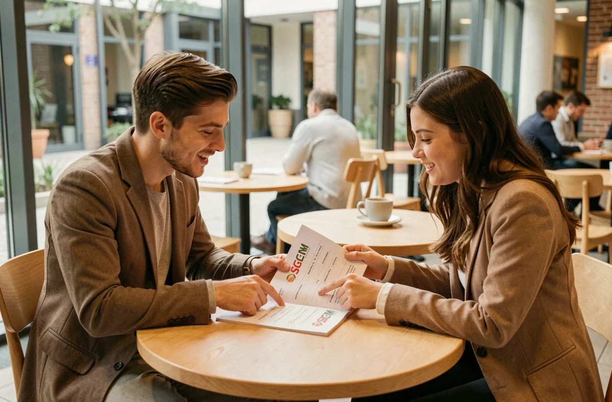 Deux étudiants discutant ensemble du classement SIGEM 2026 autour d'un document imprimé dans un café universitaire