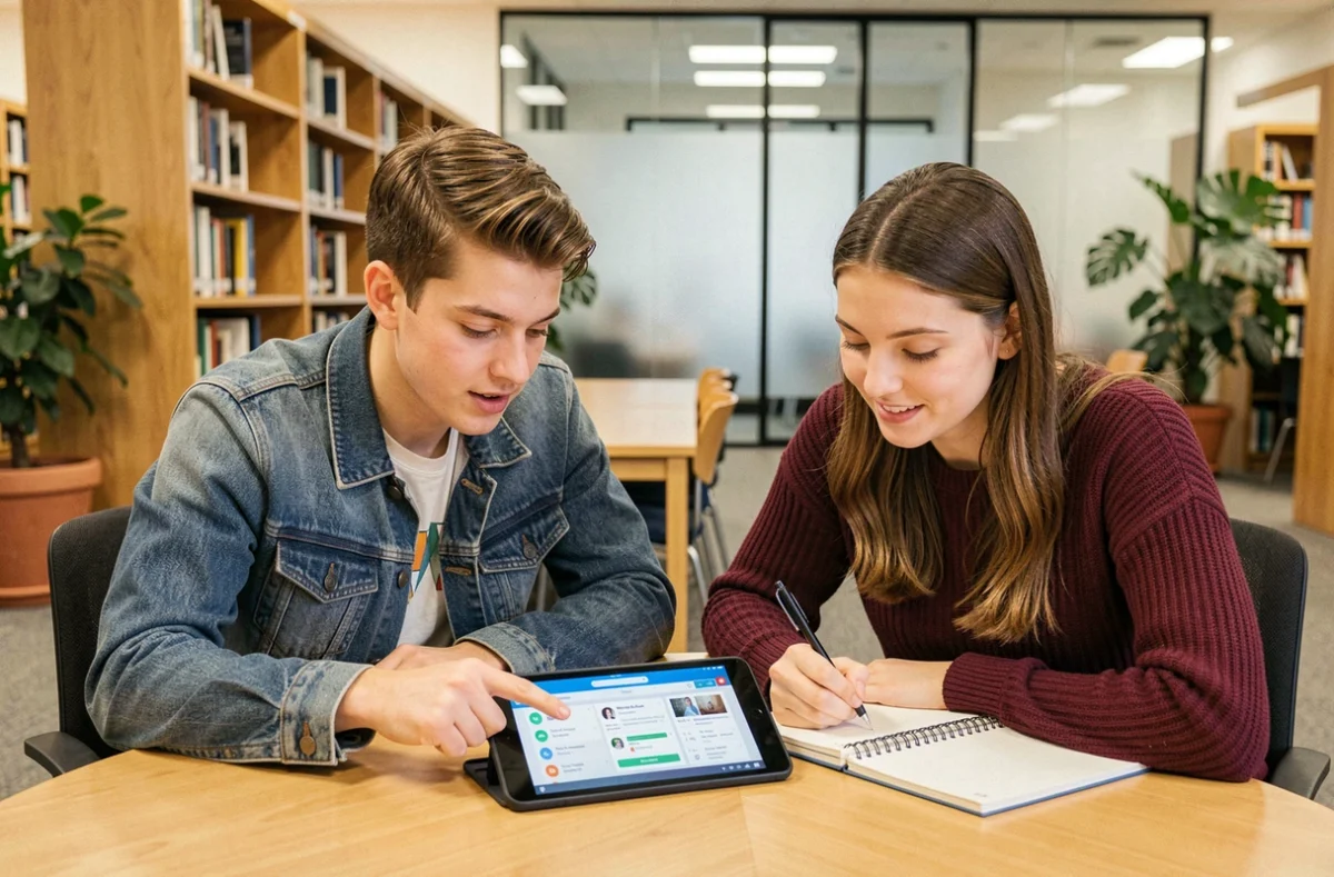 Deux étudiants de l'IUT de Tours découvrant ensemble les fonctionnalités de l'ENT sur une tablette en bibliothèque