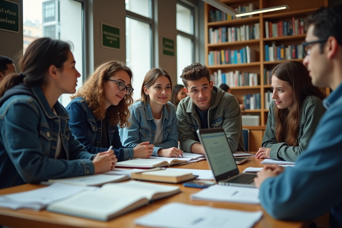 Groupe d etudiants dans une bibliotheque au Quebec