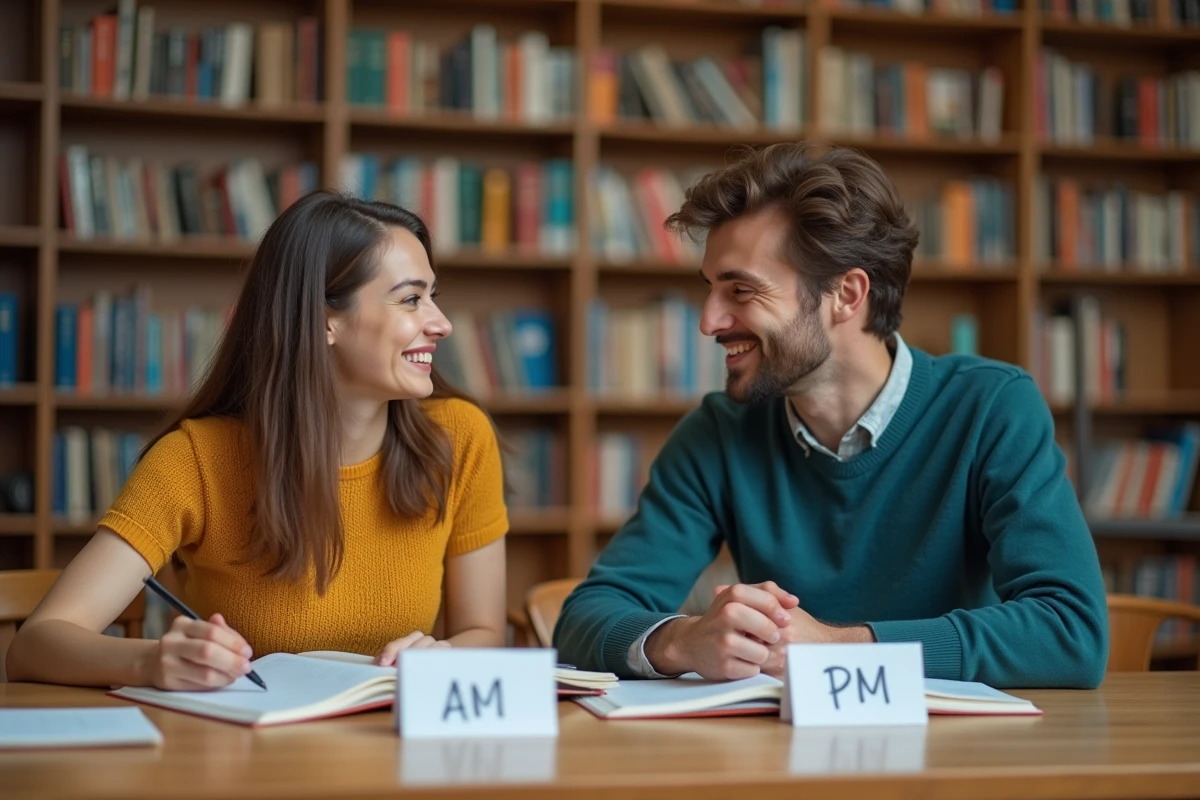Deux étudiants révisant la distinction entre AM et PM en anglais à la bibliothèque avec des fiches