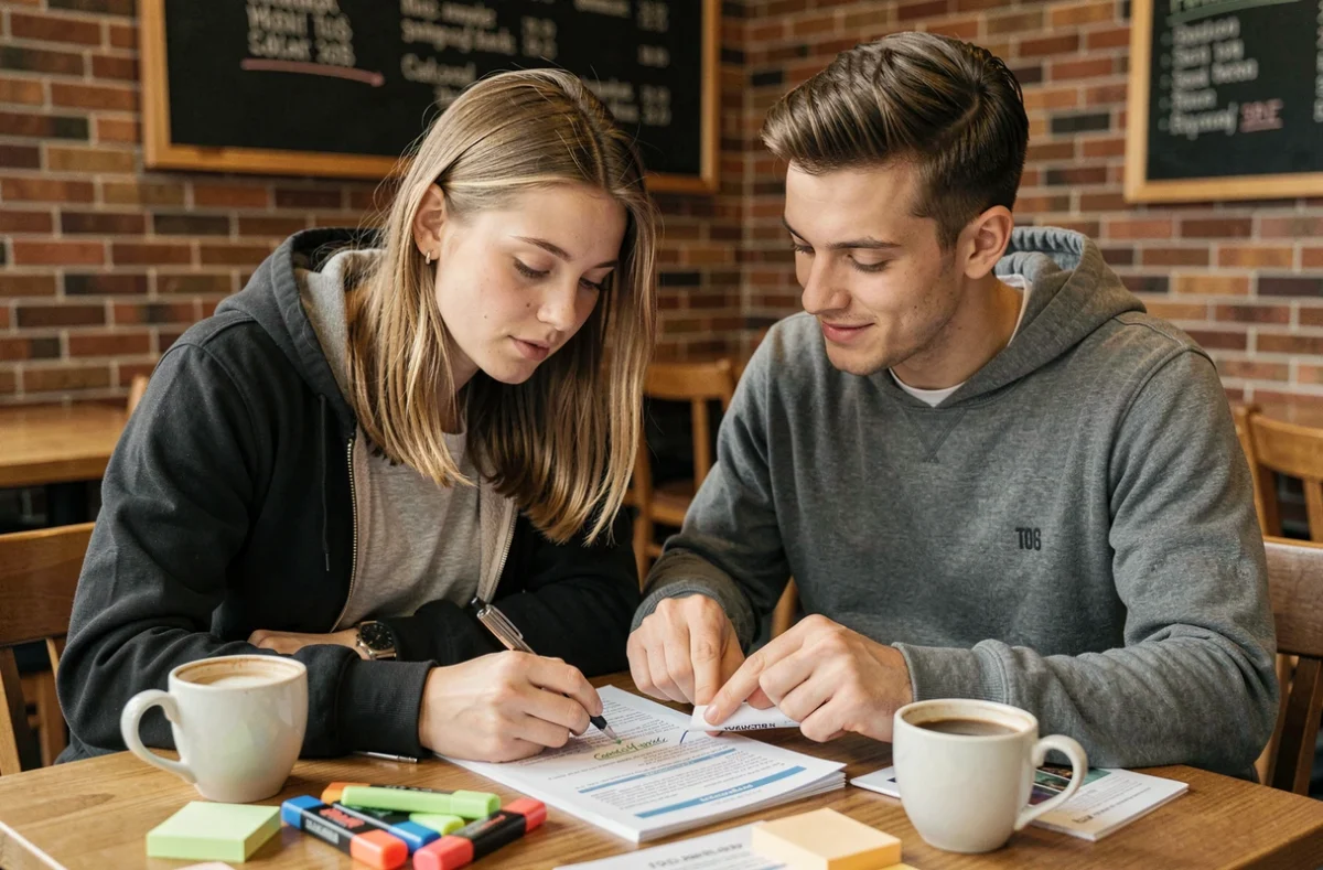 Deux étudiants qui travaillent ensemble sur un exemple TOEIC officiel corrigé dans un café