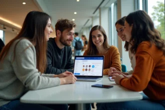 Groupe d'étudiants universitaires autour d'un ordinateur portable