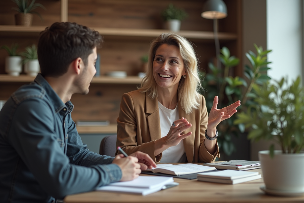 Femme experte en communication expliquant à un jeune professionnel