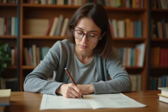 Femme adulte étudiant une liste de verbes du 3ème groupe en FLE dans une bibliothèque