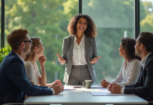 Femme d'affaires confiante guide son équipe lors d'une réunion