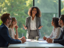 Femme d'affaires confiante guide son équipe lors d'une réunion