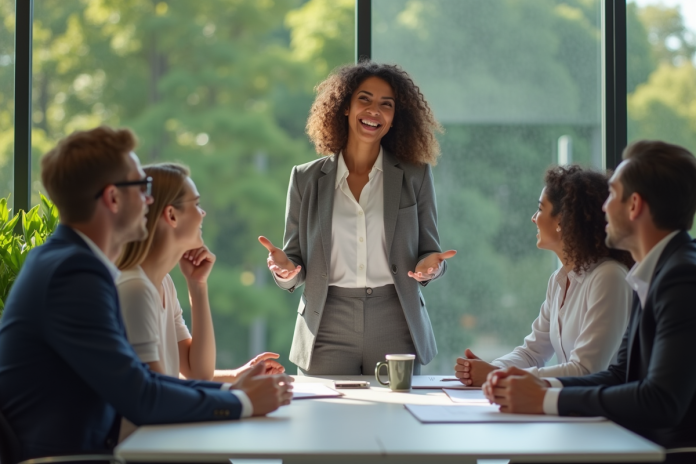Femme d'affaires confiante guide son équipe lors d'une réunion
