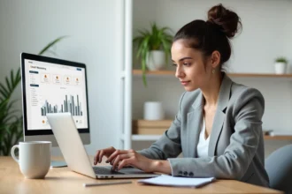 Femme professionnelle analysant un tableau de bord de logiciel emailing sur un ordinateur portable dans un bureau moderne