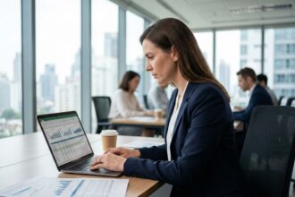 Femme professionnelle analysant des données salariales sur un ordinateur portable dans un bureau moderne