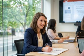 Femme concentrée prenant des notes dans une salle moderne de formation