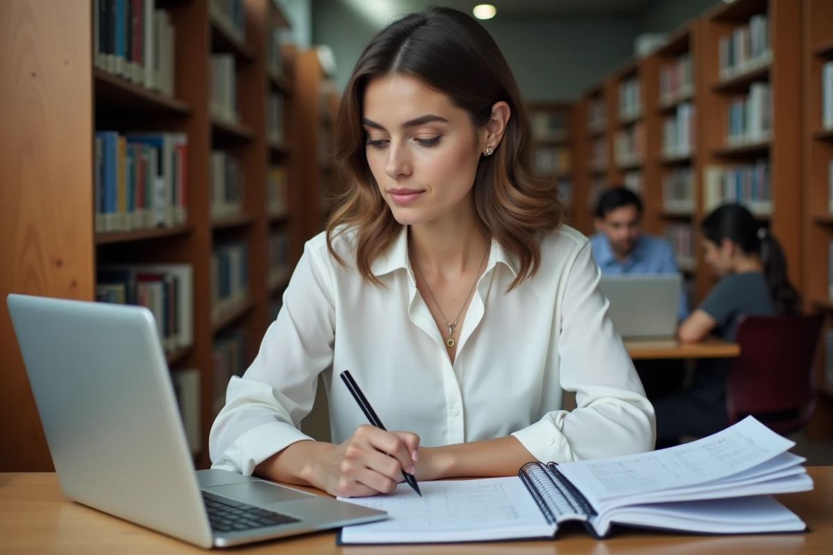 Femme étudiant les verbes du deuxième groupe dans une bibliothèque moderne avec des manuels de grammaire et un quiz de conjugaison en ligne
