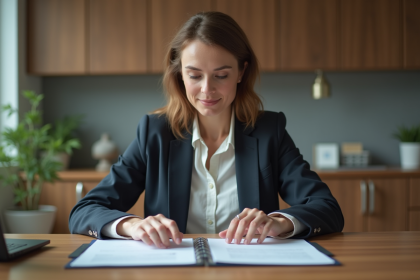 Femme concentrée au bureau avec dossiers