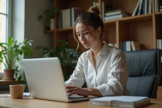 Jeune femme concentrée travaillant sur son ordinateur dans un bureau moderne