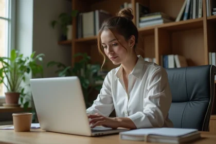 Jeune femme concentrée travaillant sur son ordinateur dans un bureau moderne