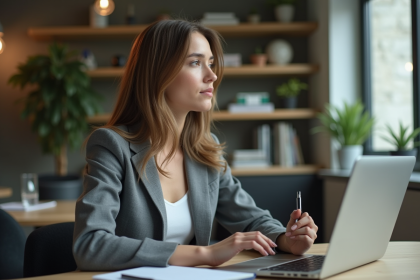 Jeune femme en blazer au bureau coworking moderne