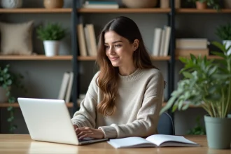 Jeune femme au bureau à domicile travaillant sur son ordinateur