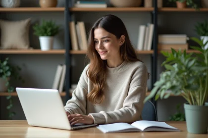 Jeune femme au bureau à domicile travaillant sur son ordinateur