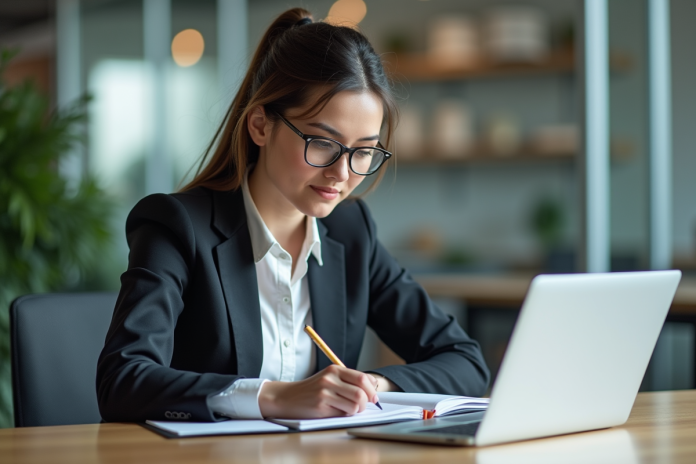 femme-bureau-organisation Femme concentrée en bureau moderne pour article sur organisation