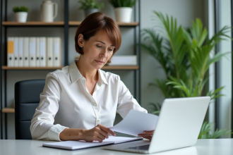 Femme d'âge moyen travaillant à son bureau lumineux