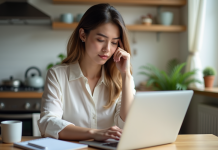 Jeune femme cherchant un emploi sur son ordinateur dans une cuisine lumineuse