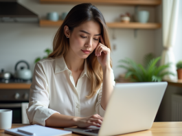 Le rôle de la liste des métiers sur Oulala.net dans votre recherche d’emploi Jeune femme cherchant un emploi sur son ordinateur dans une cuisine lumineuse
