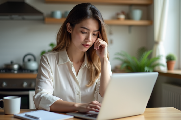 femme-bureau-recherche-emploi Jeune femme cherchant un emploi sur son ordinateur dans une cuisine lumineuse