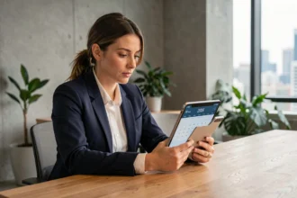 Femme consultant un calendrier 2026 sur tablette dans un bureau moderne, illustrant les nouveautés à venir