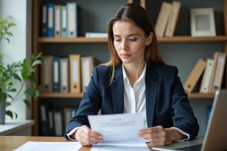 Femme professionnelle en bureau avec documents de certification