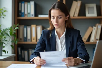 Femme professionnelle en bureau avec documents de certification