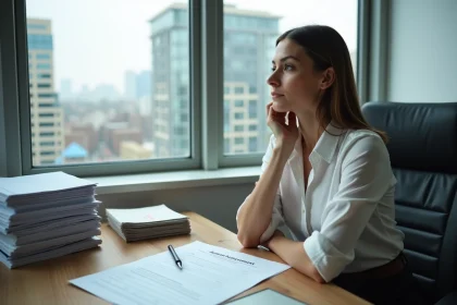 Femme réfléchissant dans son bureau pour l'article sur carrière