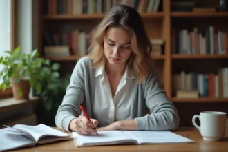 Femme corrigeant des erreurs de connecteurs logiques dans un texte avec un stylo rouge sur un bureau en bois